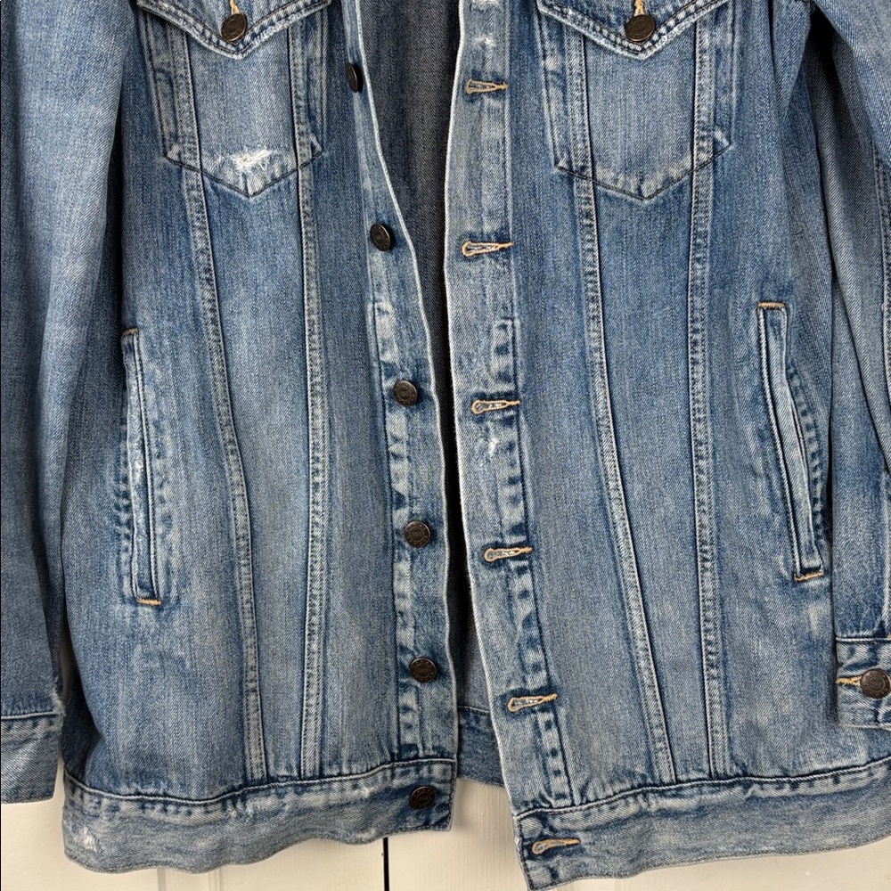 ABLE Merly Denim Distressed Medium Wash Jean Jacket Sustainable Brand Size Med - Picture 7 of 10
